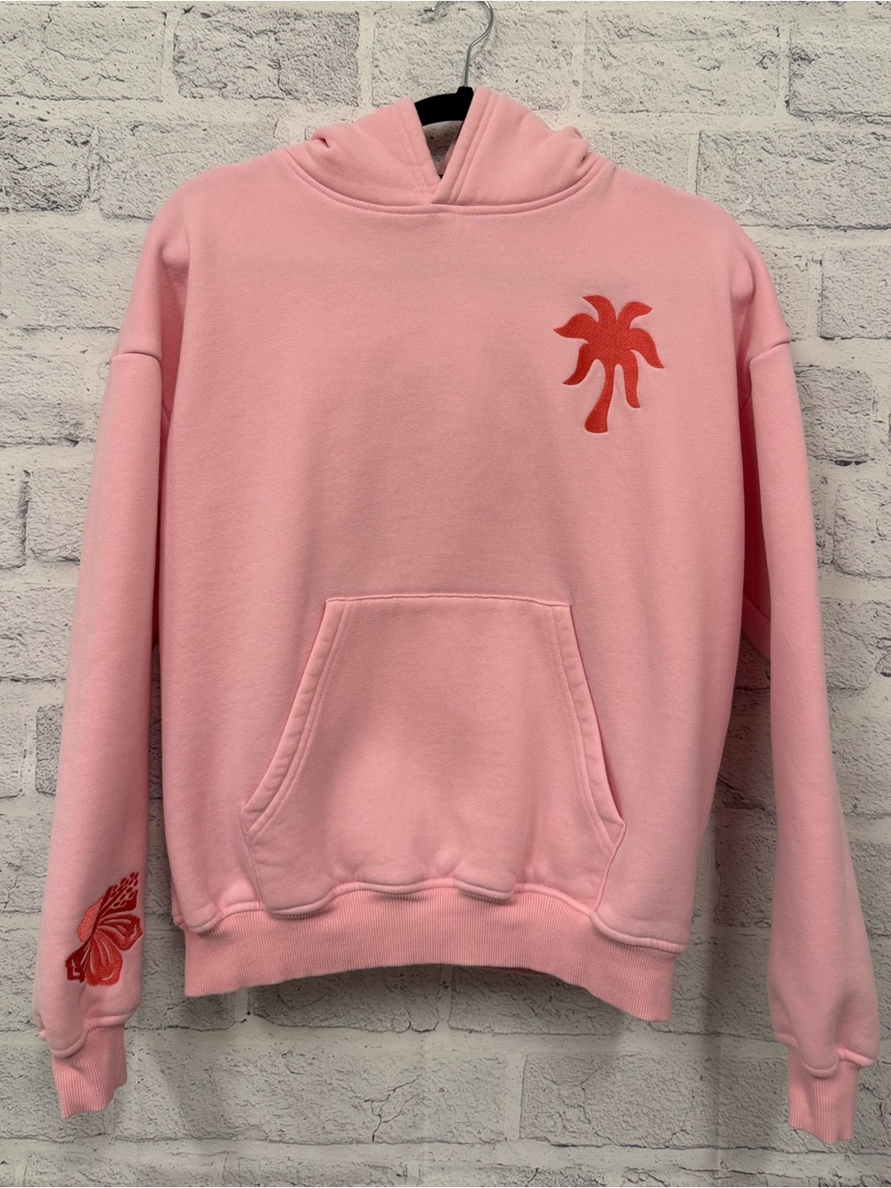Pink Palm Puff Light Pink Hoodie with Red Logo Size XS